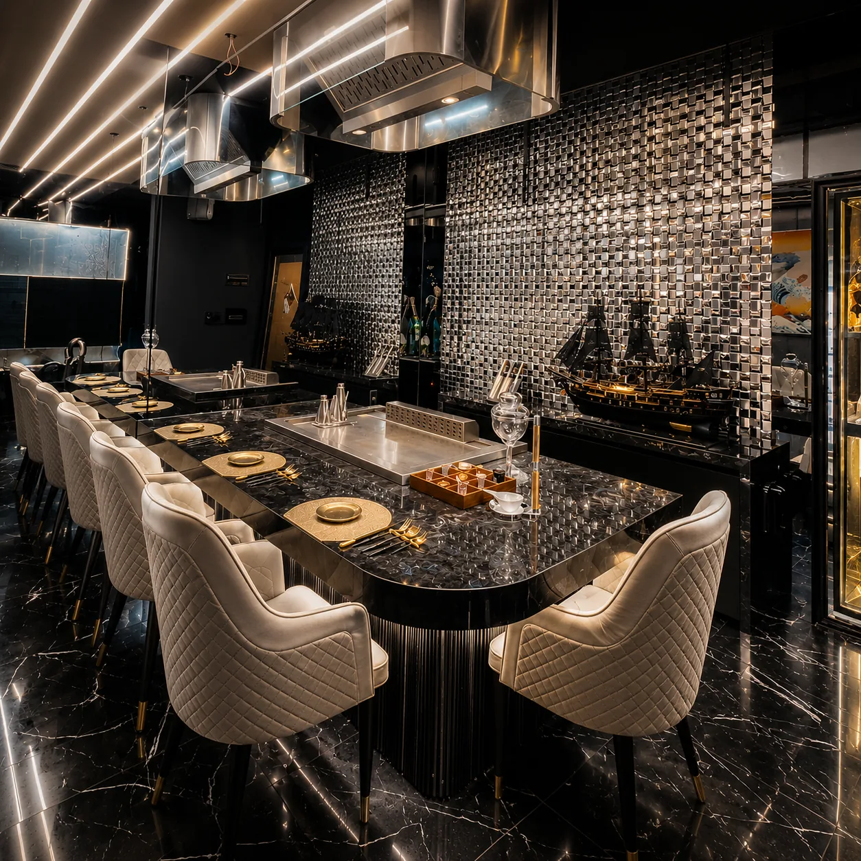 Không gian Teppanyaki sang trọng màu đen và vàng tại THE GU