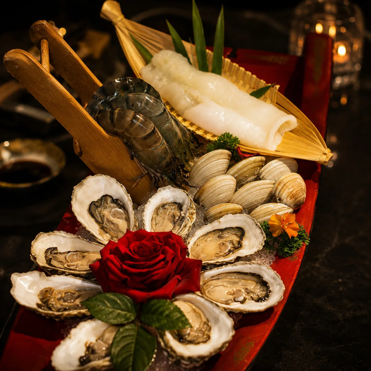 Nồi lẩu, thịt bò và hải sản trong set Lẩu Omakase tại THE GU