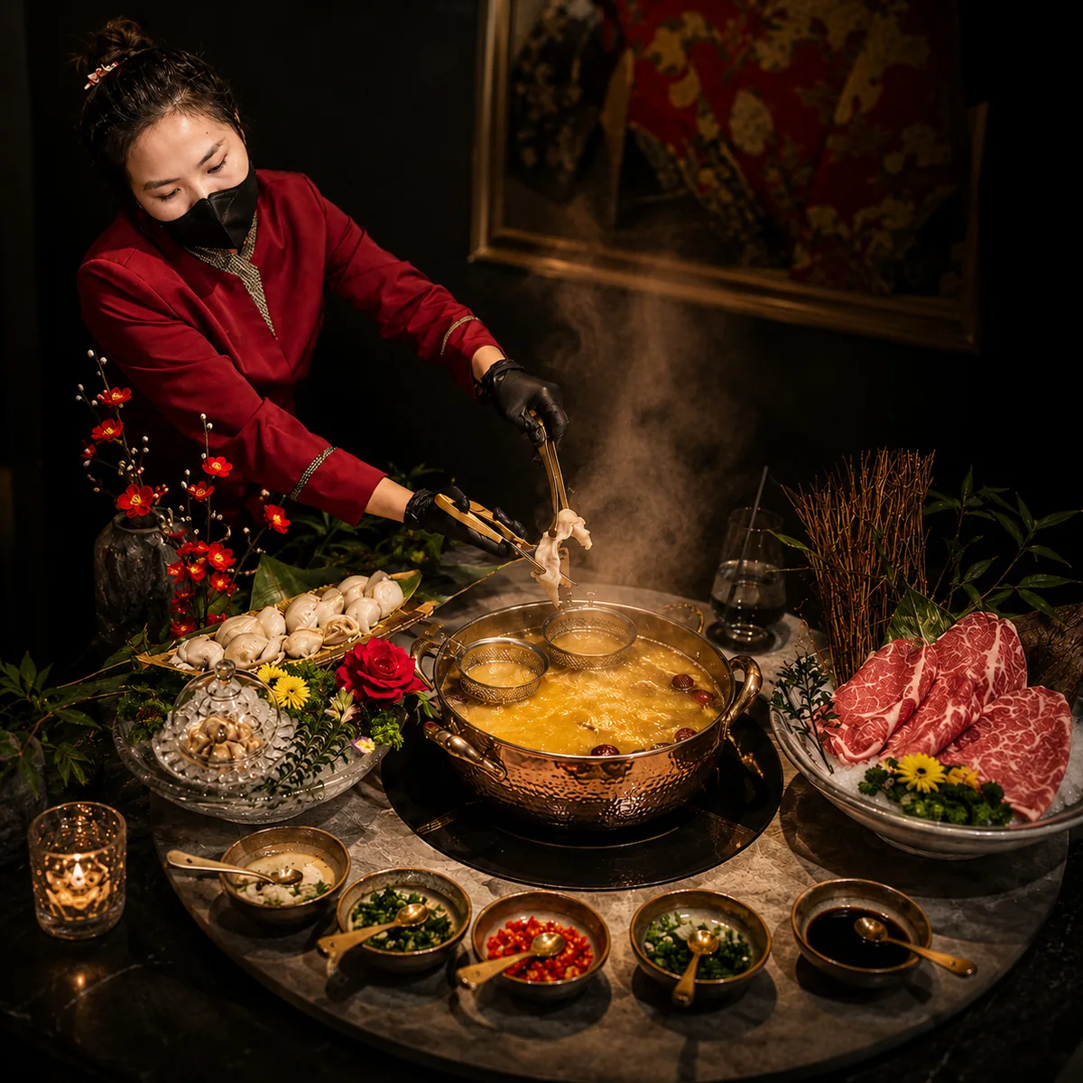 Đội ngũ THE GU phục vụ nguyên liệu tại bàn Lẩu Omakase