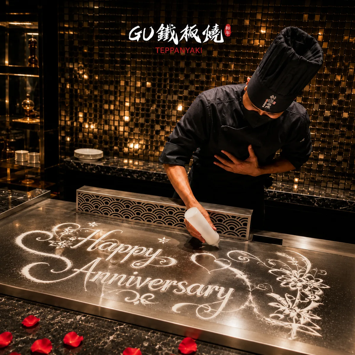 Teppanyaki table prepared for an anniversary