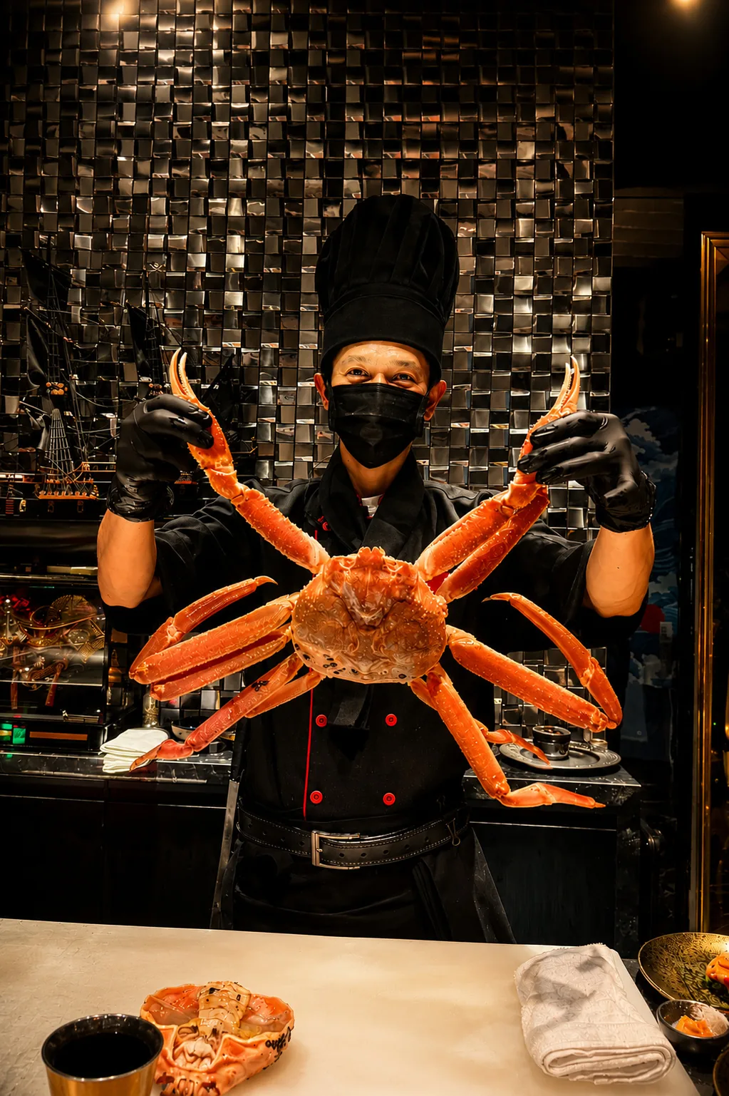 A THE GU chef presenting seasonal snow crab