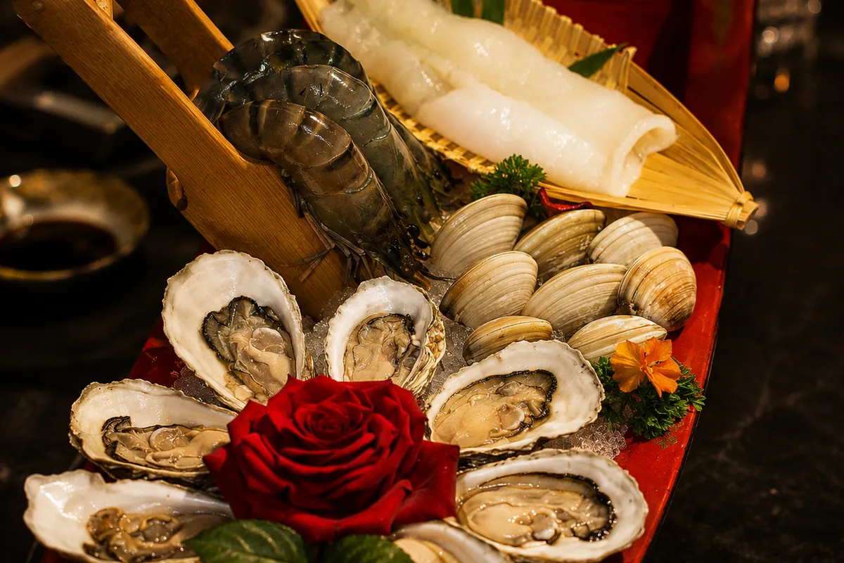 Hải sản tươi được thưởng thức trước trong Lẩu Omakase