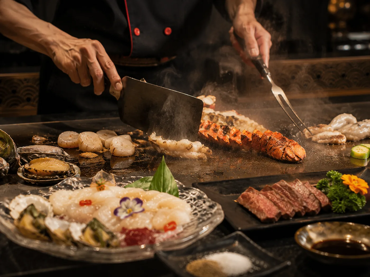 Đầu bếp kiểm soát nhiệt khi chế biến hải sản trên bàn Teppan tại The GU