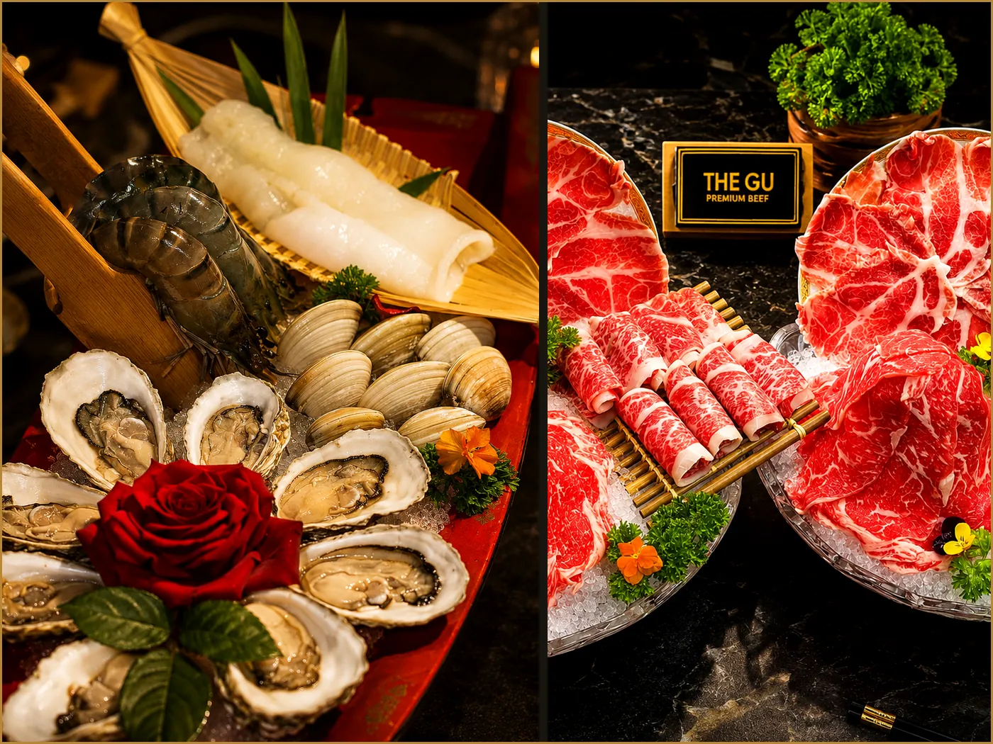 Bò Wagyu và hải sản được tuyển chọn cho set Lẩu Omakase tại The GU