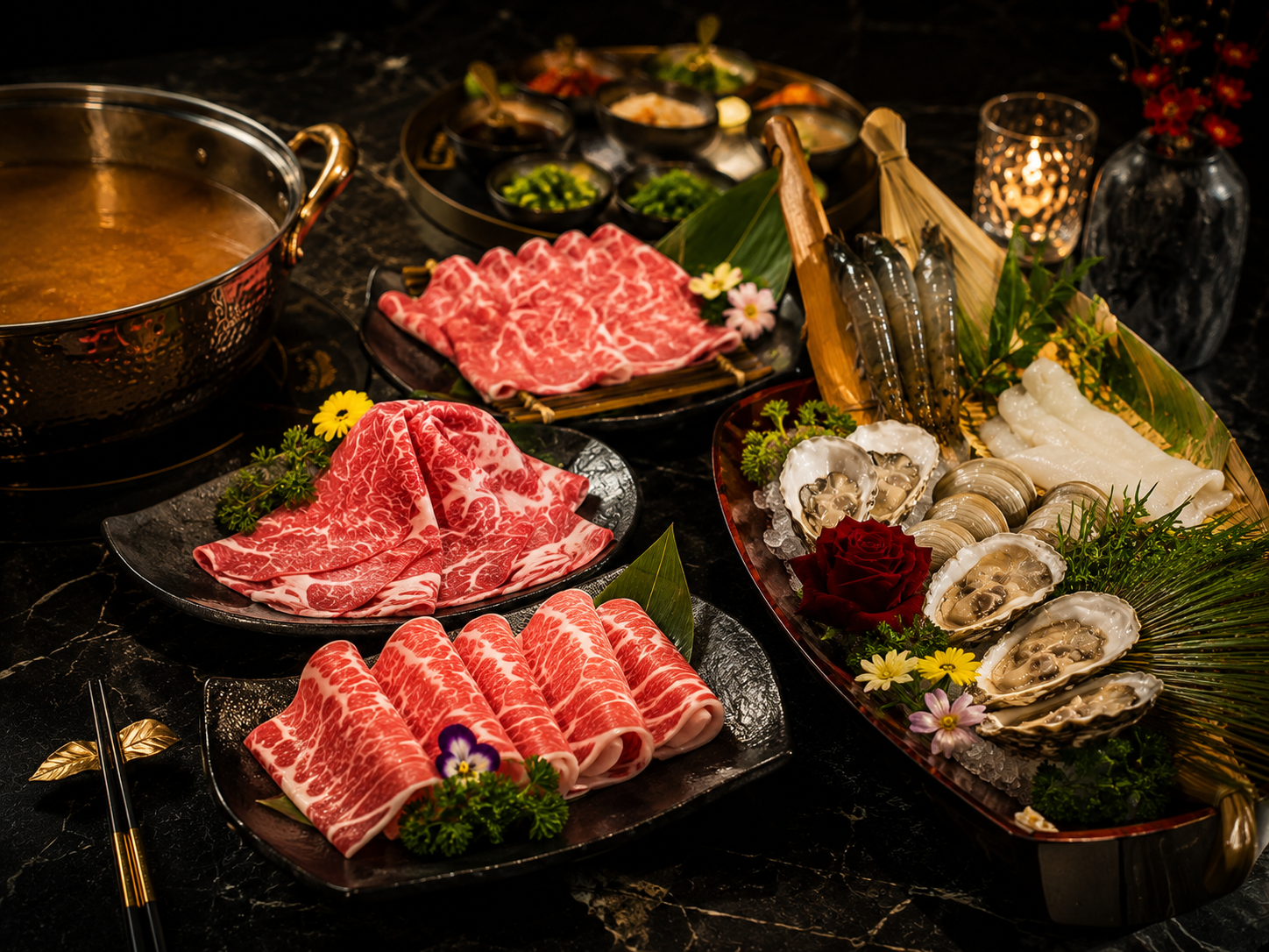 Wagyu và hải sản cao cấp được tuyển chọn cho set Lẩu Omakase